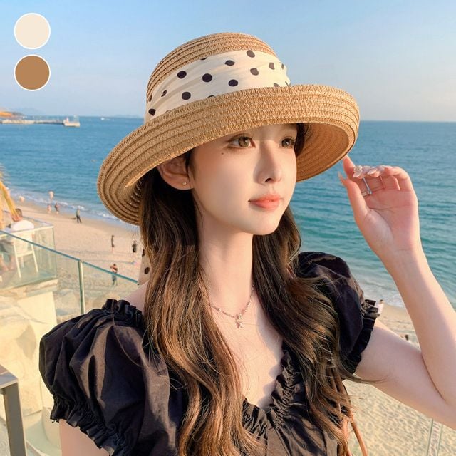 도트리본 롤업챙 밀짚모자 EL-1007312