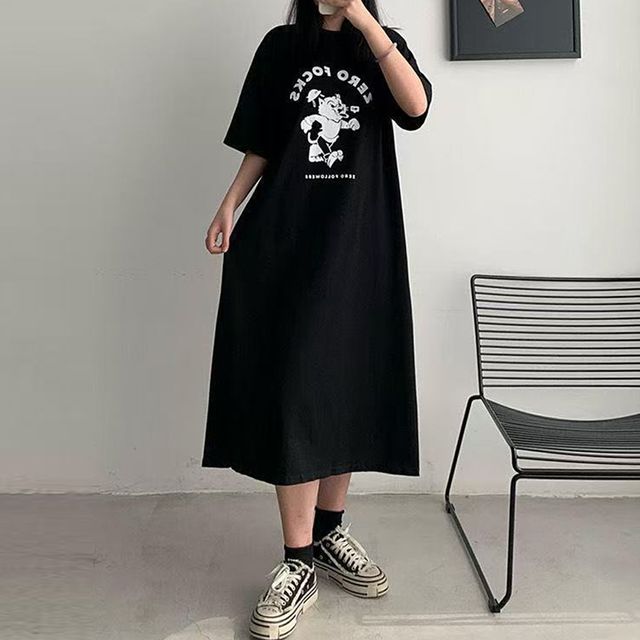 곰 영문 오버핏 밑단트임 빅 원피스 URD-540