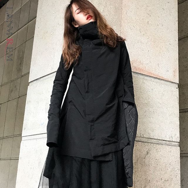 [해외] LANMREM 불규칙한 중간 길이 여성 블랙 코트 숙녀 긴