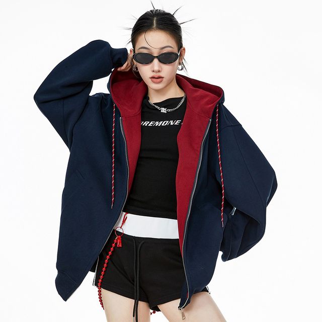 배색 레트로 루즈핏 후드집업 FLS-1005665