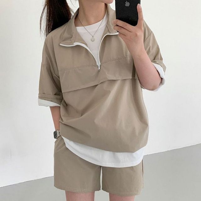 여성 캐주얼 3컬러 기본 여름 데이 반팔 반집업 셋업