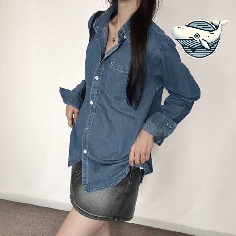 캐주얼 스타일 넉넉한 핏 데님 셔츠 여성용