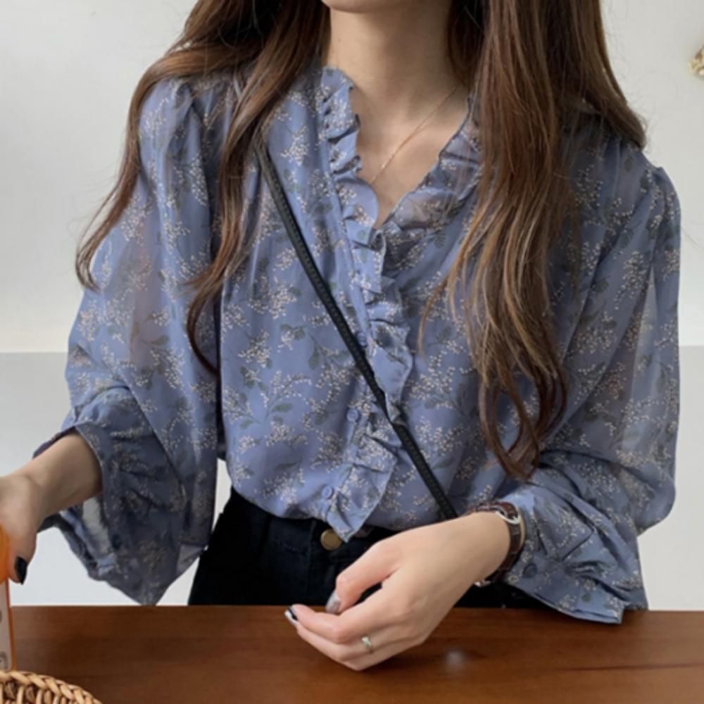 여성 블라우스 봄 여름 긴팔 블루 쉬폰 셔츠 오피스룩
