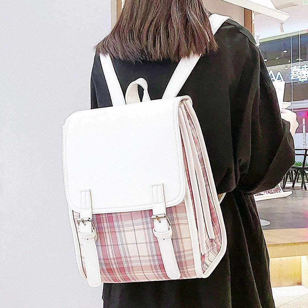 체크 백팩 핑크 포켓 스냅 사각 귀여운