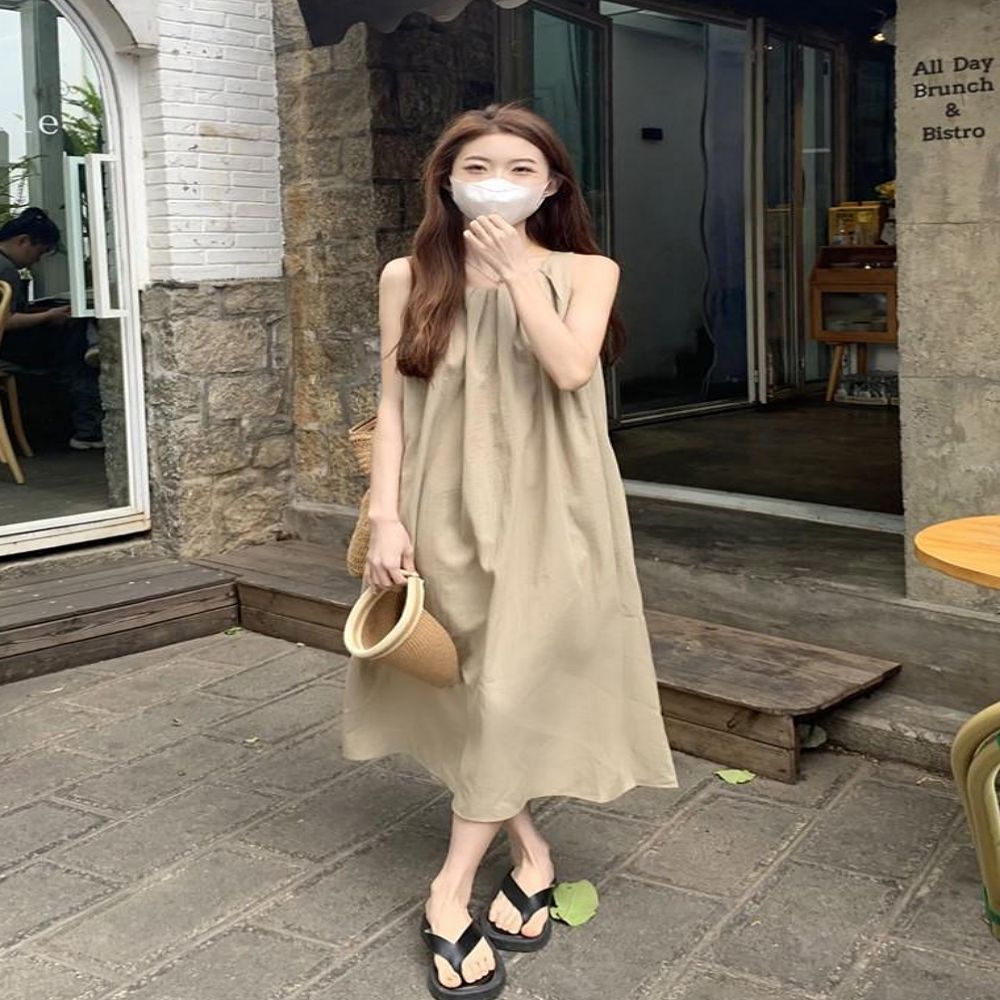 포인트 예쁜 나시 여름 뒷트임 여자 원피스 A라인