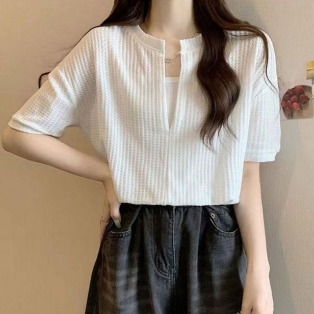 와플 라운드넥 레이어드st 기본 브이 데이 반팔 트임