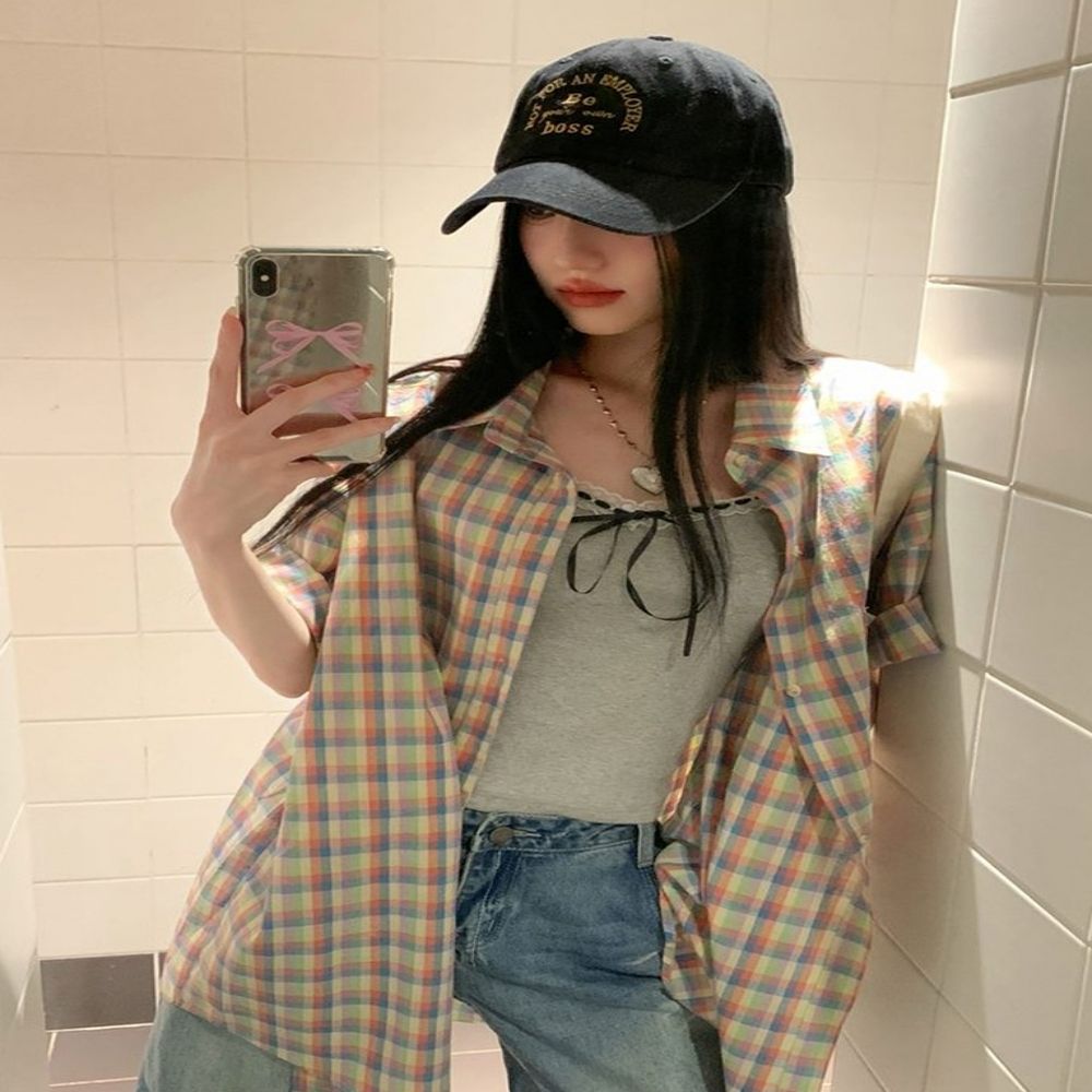 포켓 반팔 셔츠 체크