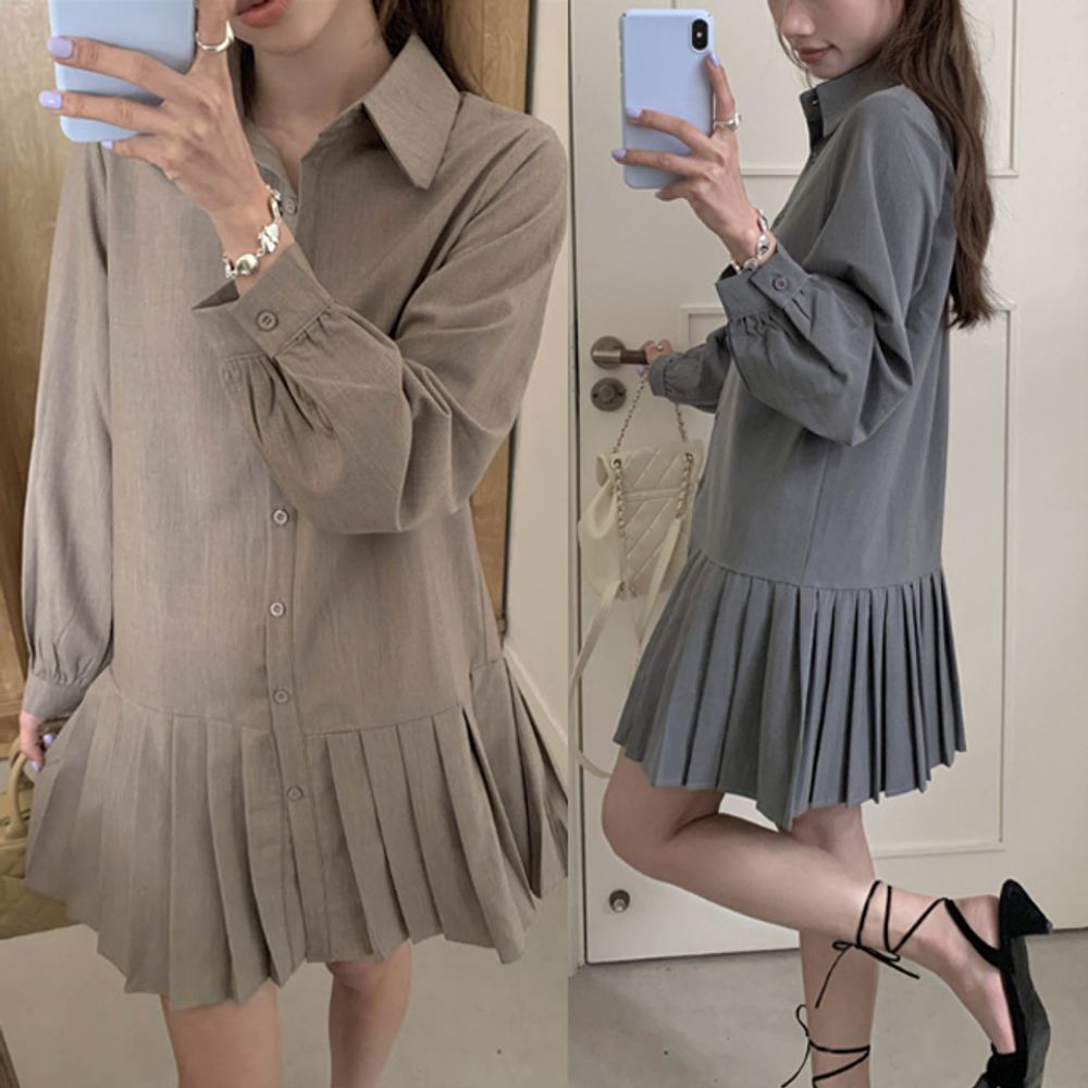 여성 셔츠 주름 미니 원피스 1P 긴팔 단추 치마 심플