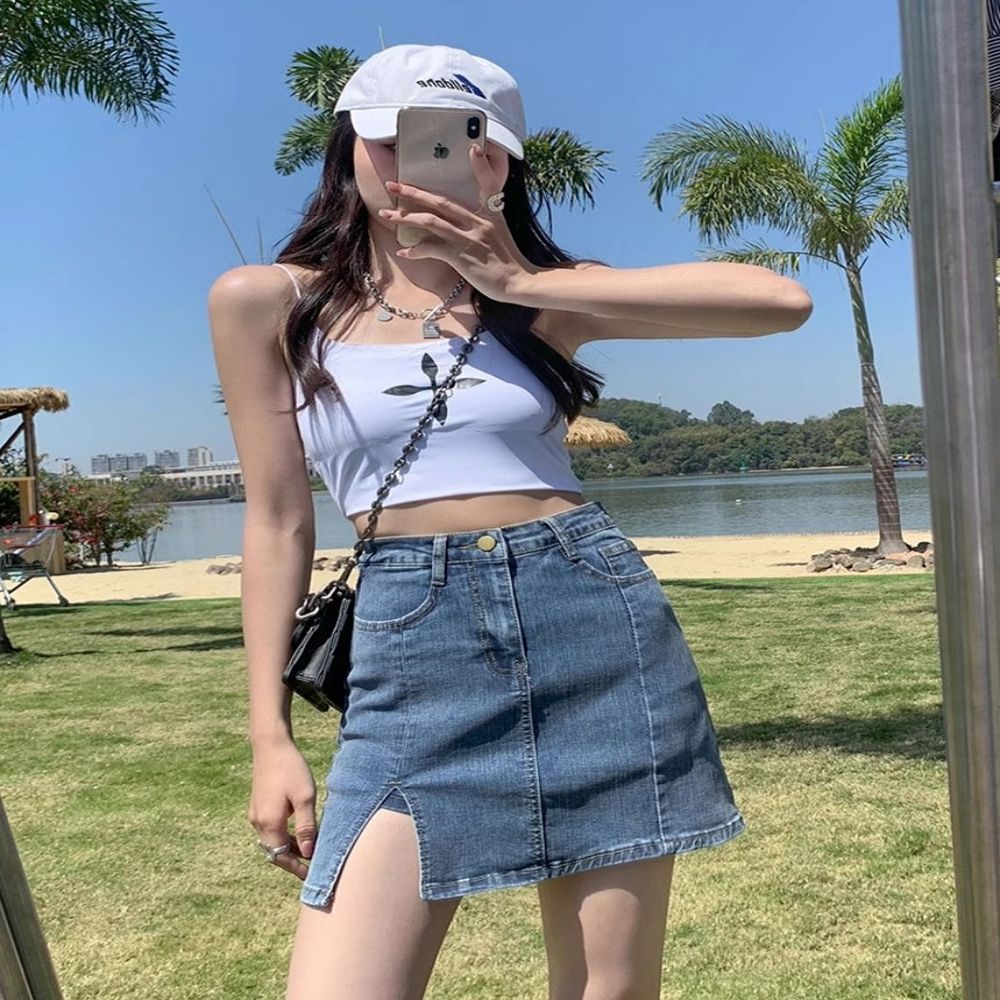 여성 A라인 절개 데님스커트 여름 데이트룩 청스커트
