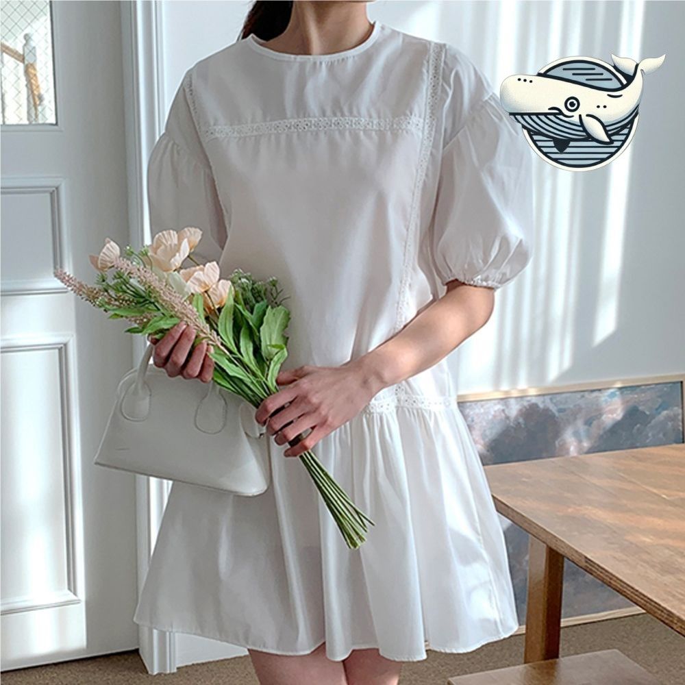 여름 나들이 하얀색 반팔 원피스 라운드넥 여성