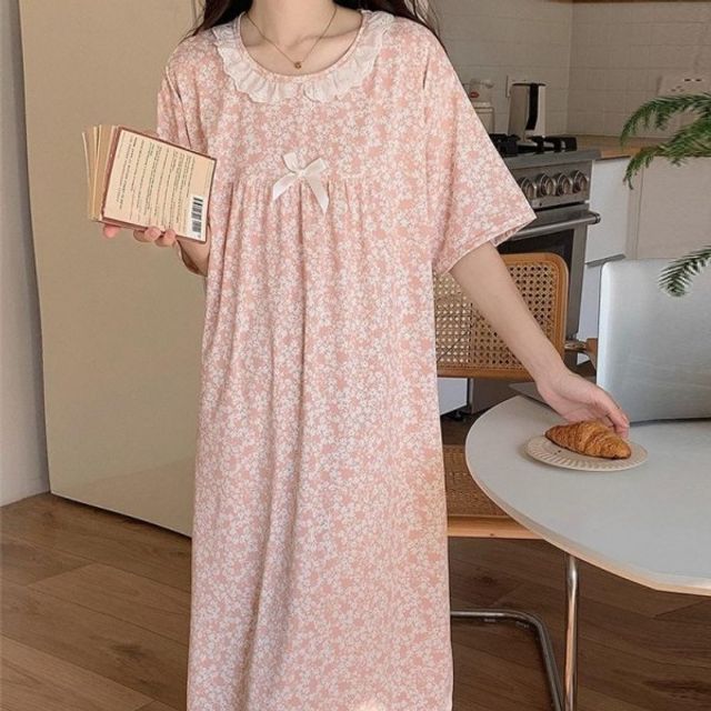 잔꽃 여름 반팔 기본 꽃무늬 데이 꽃 잠옷 롱 파자마