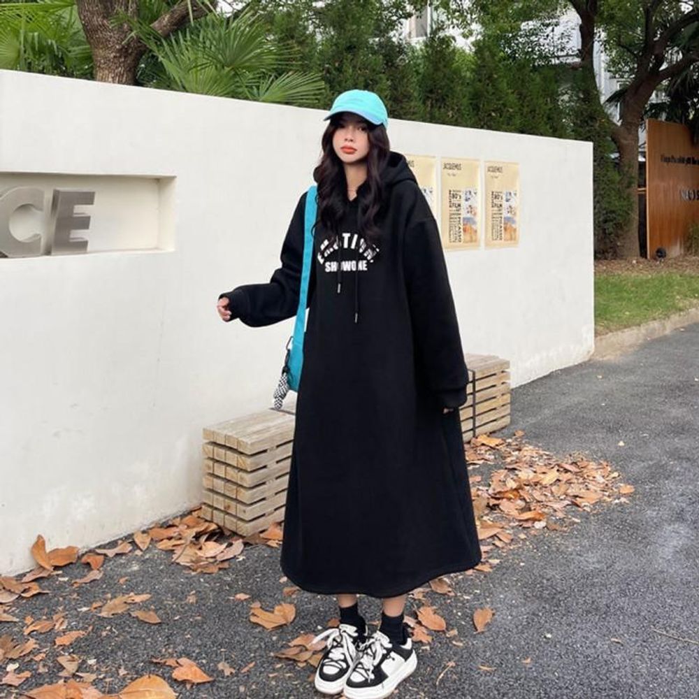 쇼원 프린팅 기모 롱 후드 원피스 2309