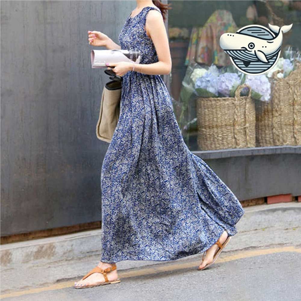 여성 여름 패턴 롱원피스 민소매 허리밴딩