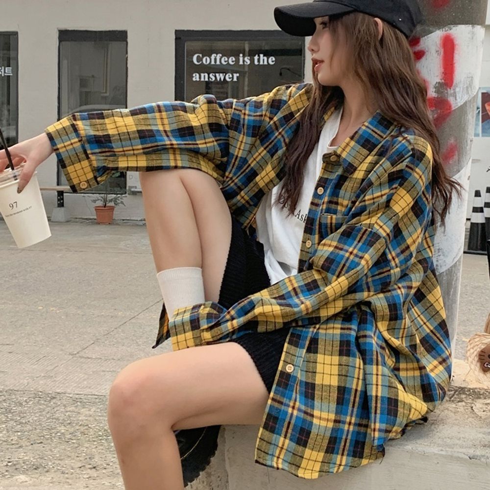 여성 간절기 데일리 캐주얼 오버핏 체크 셔츠 남방