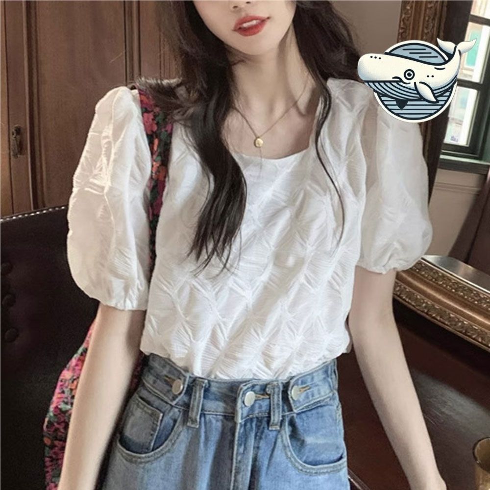 여름 쿨톤 크롭 블라우스 펀칭 소매 배색 패턴