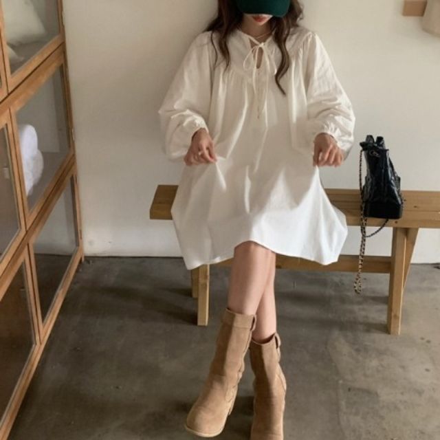 심플한원피스 테이트룩 패션 넥스트링 미디 원피스