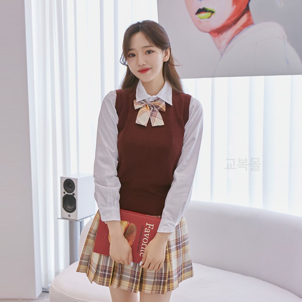 교복몰 옐로우 와인체크 스커트 리본타이 SET 교복