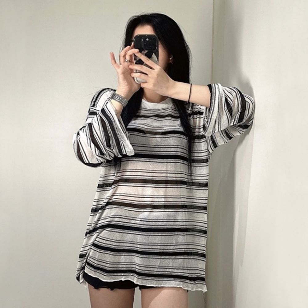 얇은 티 여자 루즈핏 롱 스트라이프 썸머 화이