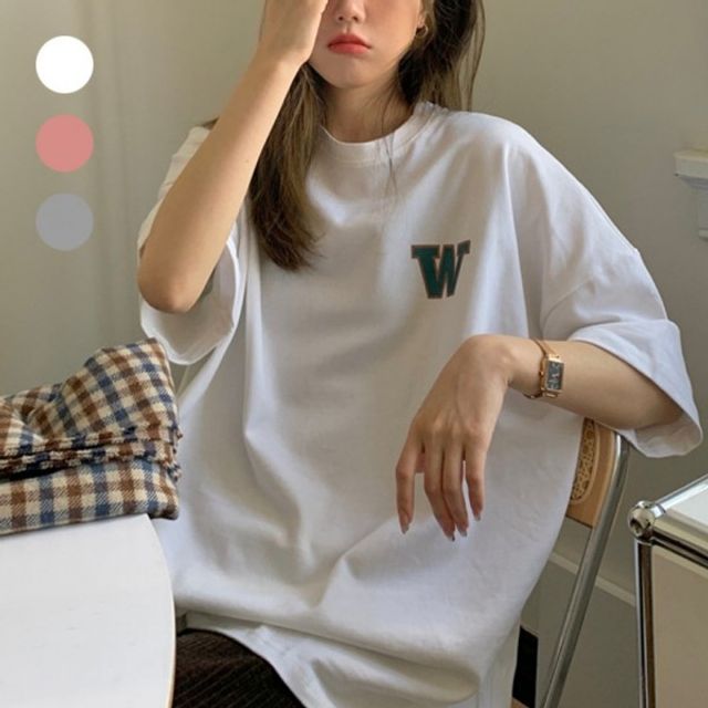 여성 W 영문 기본 스펠링 데이 오버핏 라운드 반팔티