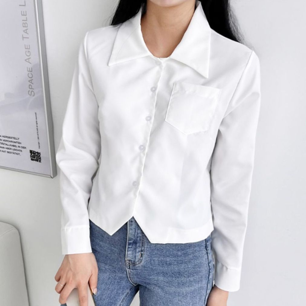 크롭셔츠 포켓 긴팔남방 크롭 데일리룩 무지 셔