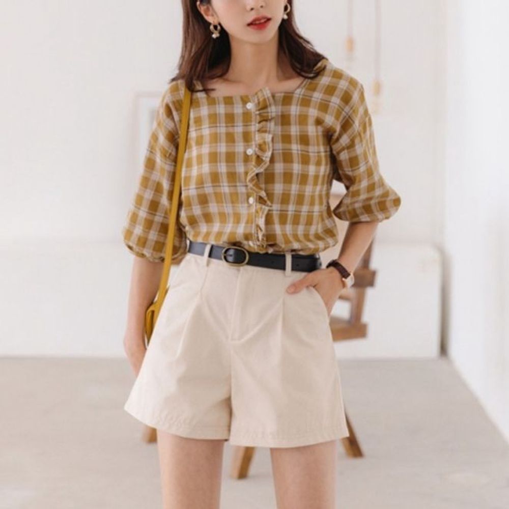 하객룩 반팔 체크 색상선택 프릴 블라우스 여성