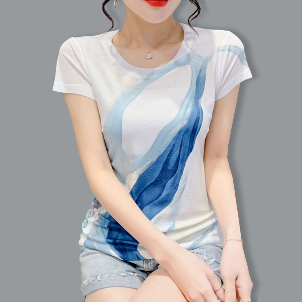 여성 여름 라운드 앏은 시원 슬림핏 반팔 티셔츠