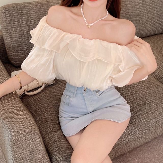 소매와 목부분 밴딩 오프 숄더 프릴 쉬폰 블라우스