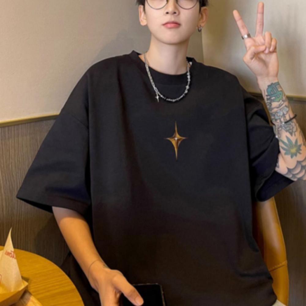 남자 오버핏 반팔 티셔츠 라운드 프린팅 흰 반팔티