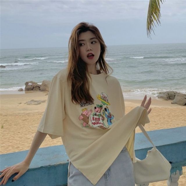 여성 빈티지 캐주얼 기본 프린팅 데이 썸머 반팔티