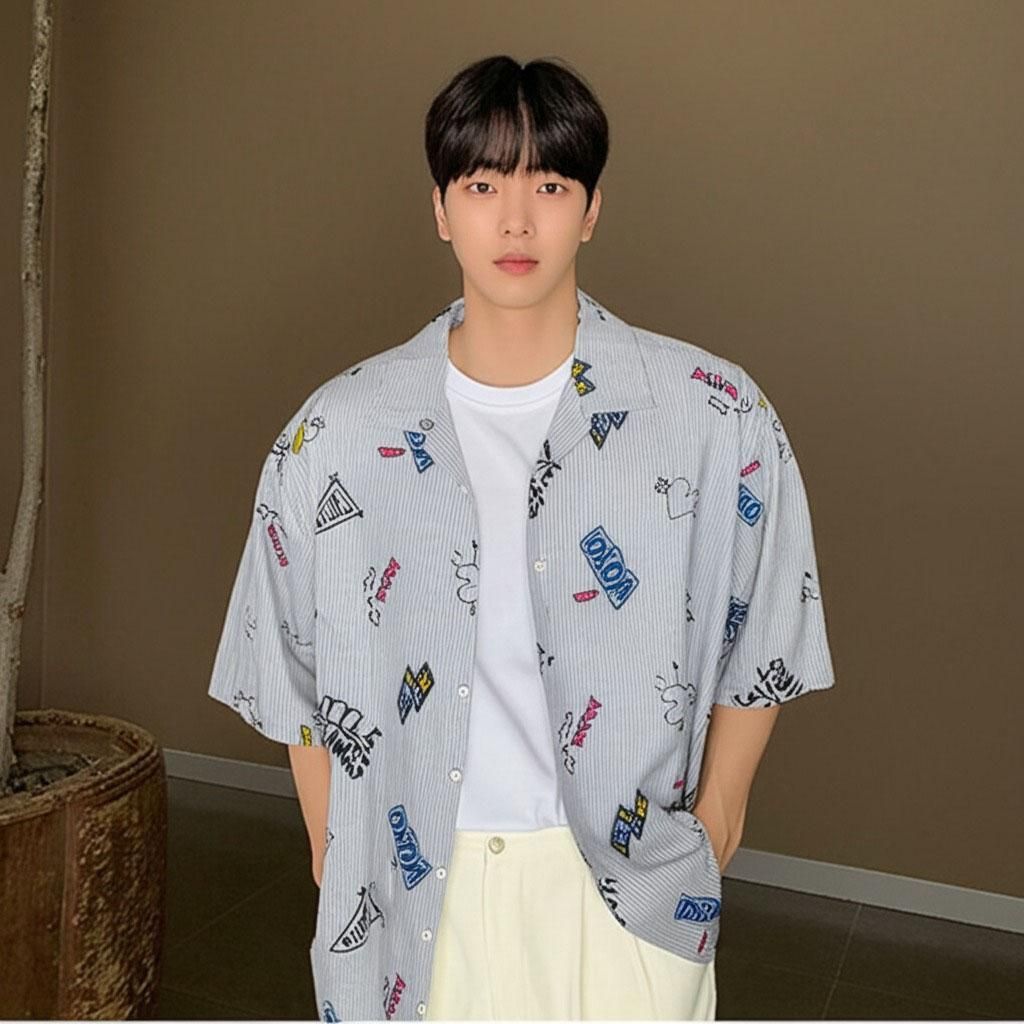 오픈카라 모노톤 프린트 반소매 셔츠
