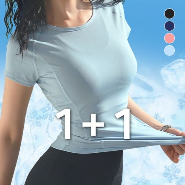 1+1 필라테스 쿨링 기본 요가 데이 라글란 반팔 티셔