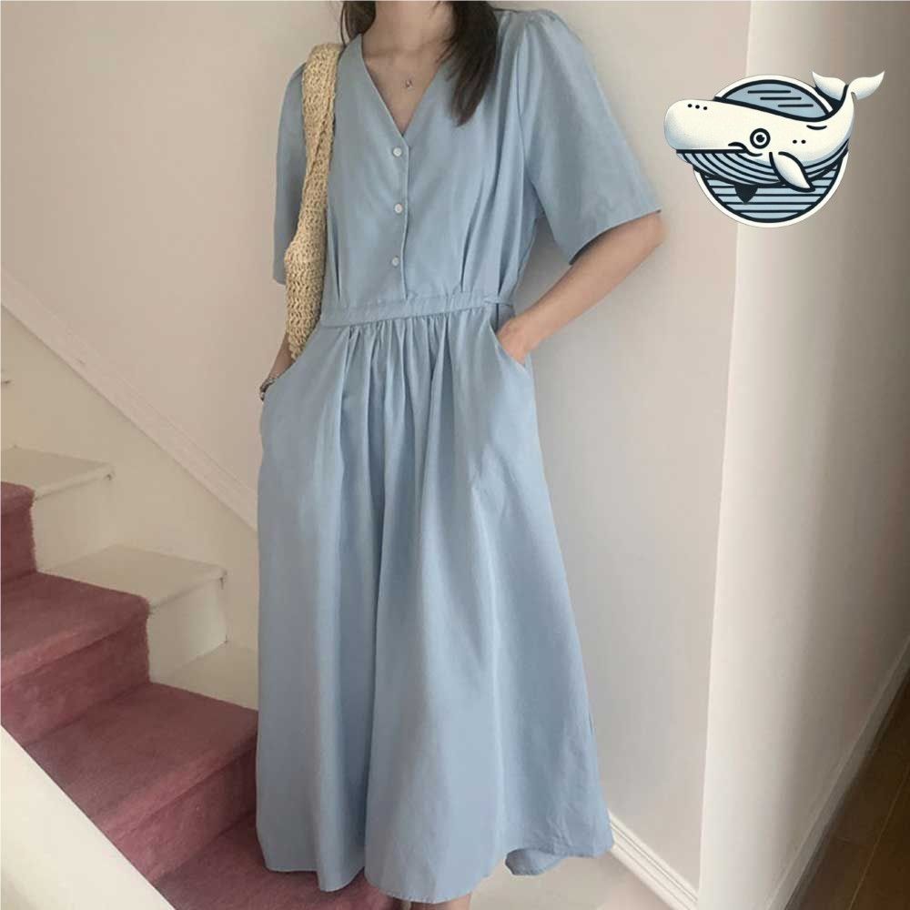 블루 A라인 허리스트링 미디원피스 브이넥 여름