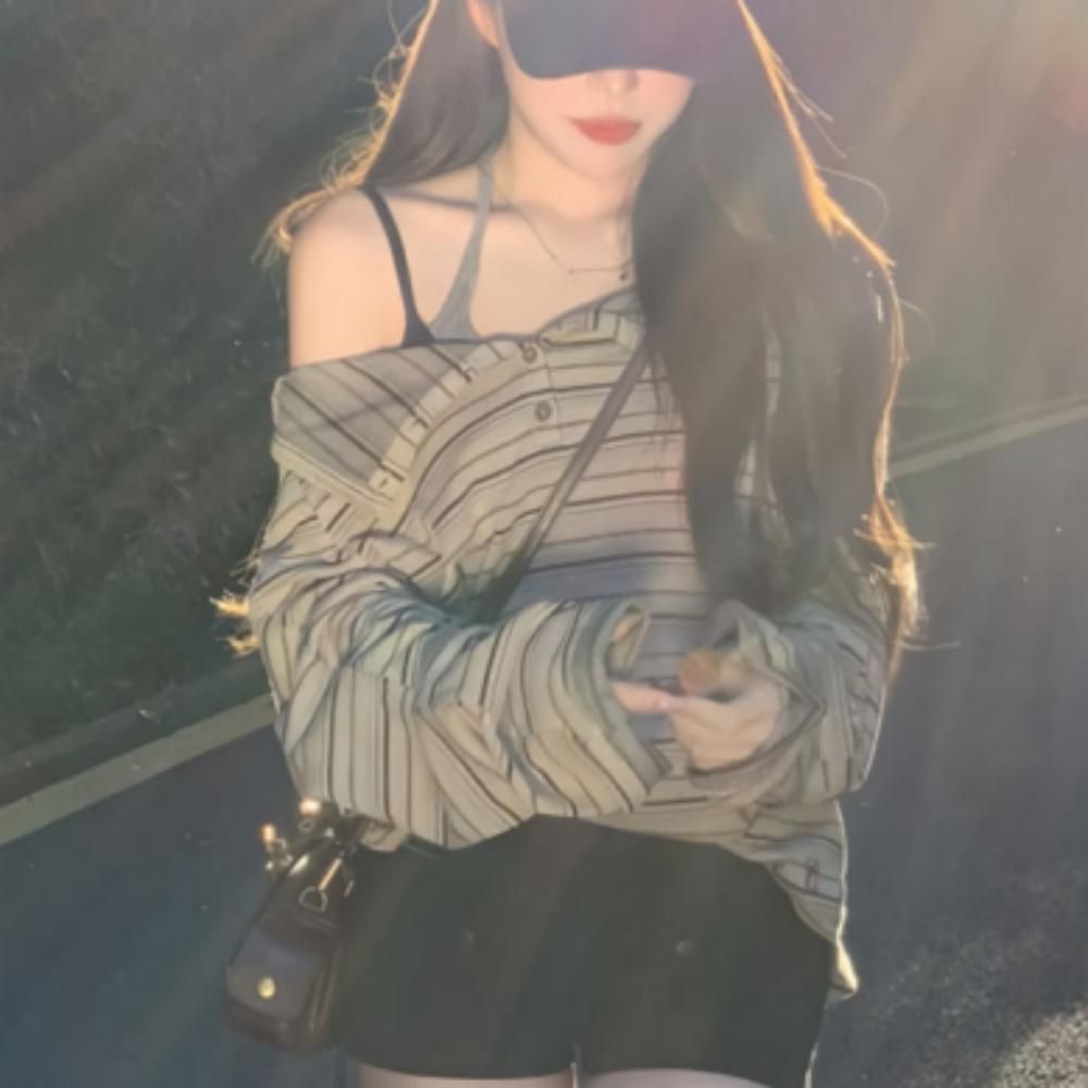 여성 여름 루즈핏 스트라이프 오프숄더 긴팔 티셔츠
