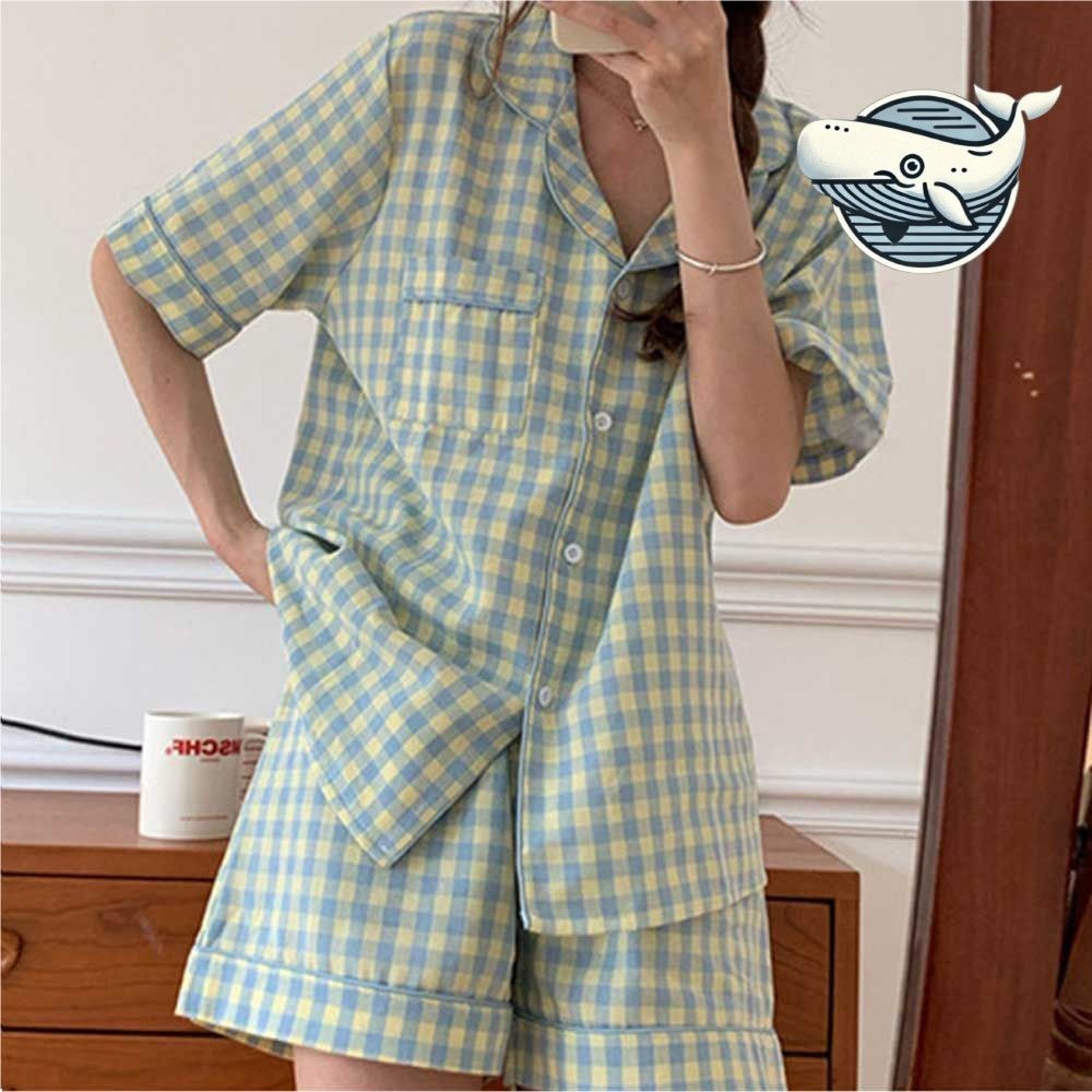 여름 체크패턴 홈웨어 반팔 반바지 휴식복 세트
