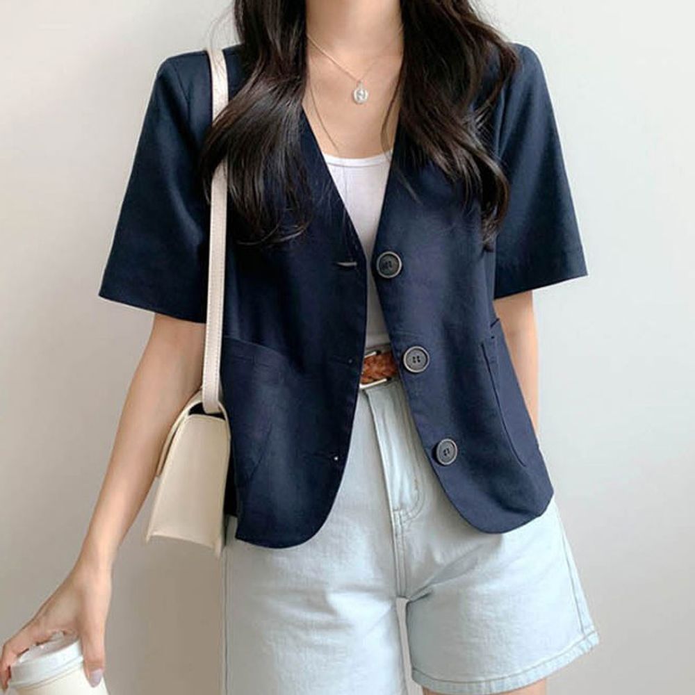 여성 여름 데일리 반팔 자켓 1P 단추 노카라 오피스룩