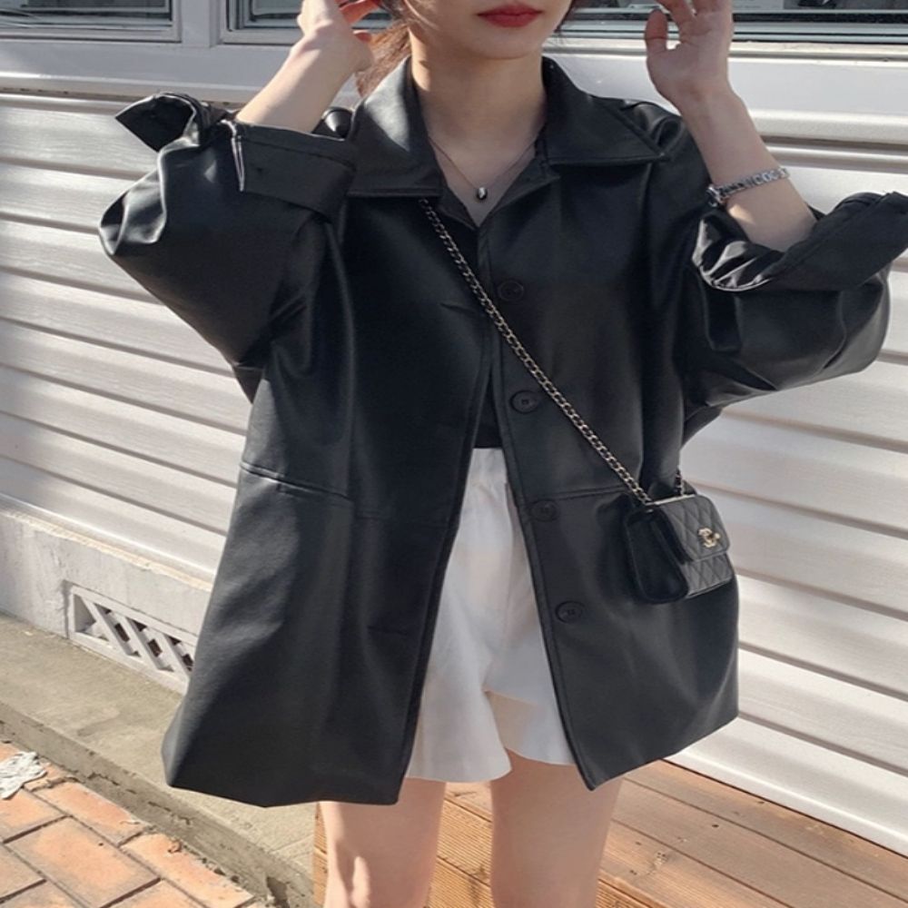 여자 데일리 오버핏 하프 레더 자켓 E12