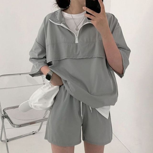 캐주얼 3컬러 여름 기본 반집업 데이 셋업