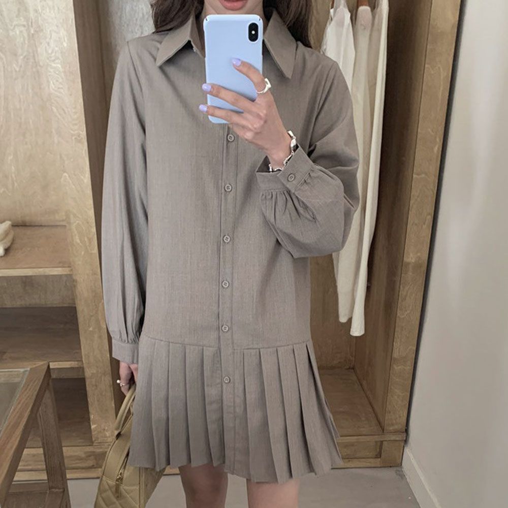 여자 루즈핏 플리츠 원피스 카라넥 단추 미니원피스