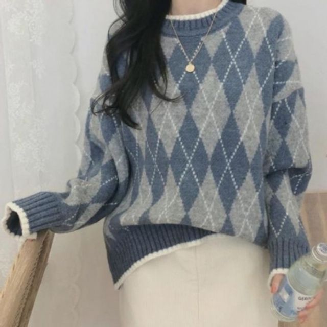 여성 베이직 아가일 니트티 여자 올데이 라운드넥 니