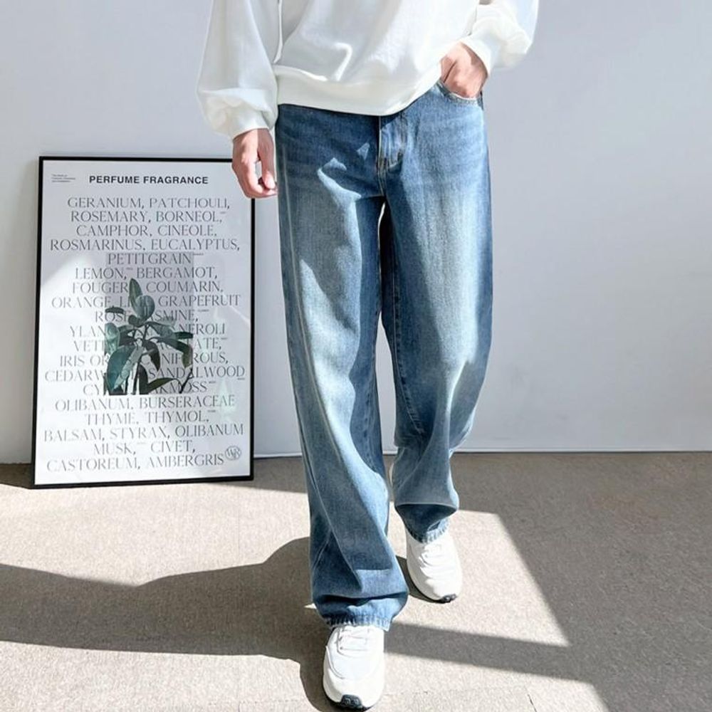 남성 데일리 캐주얼 와이드 워싱 데님팬츠 청바지