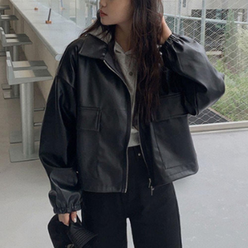 여성 루즈핏 투웨이 가죽 자켓 블랙 1P 레더 점퍼