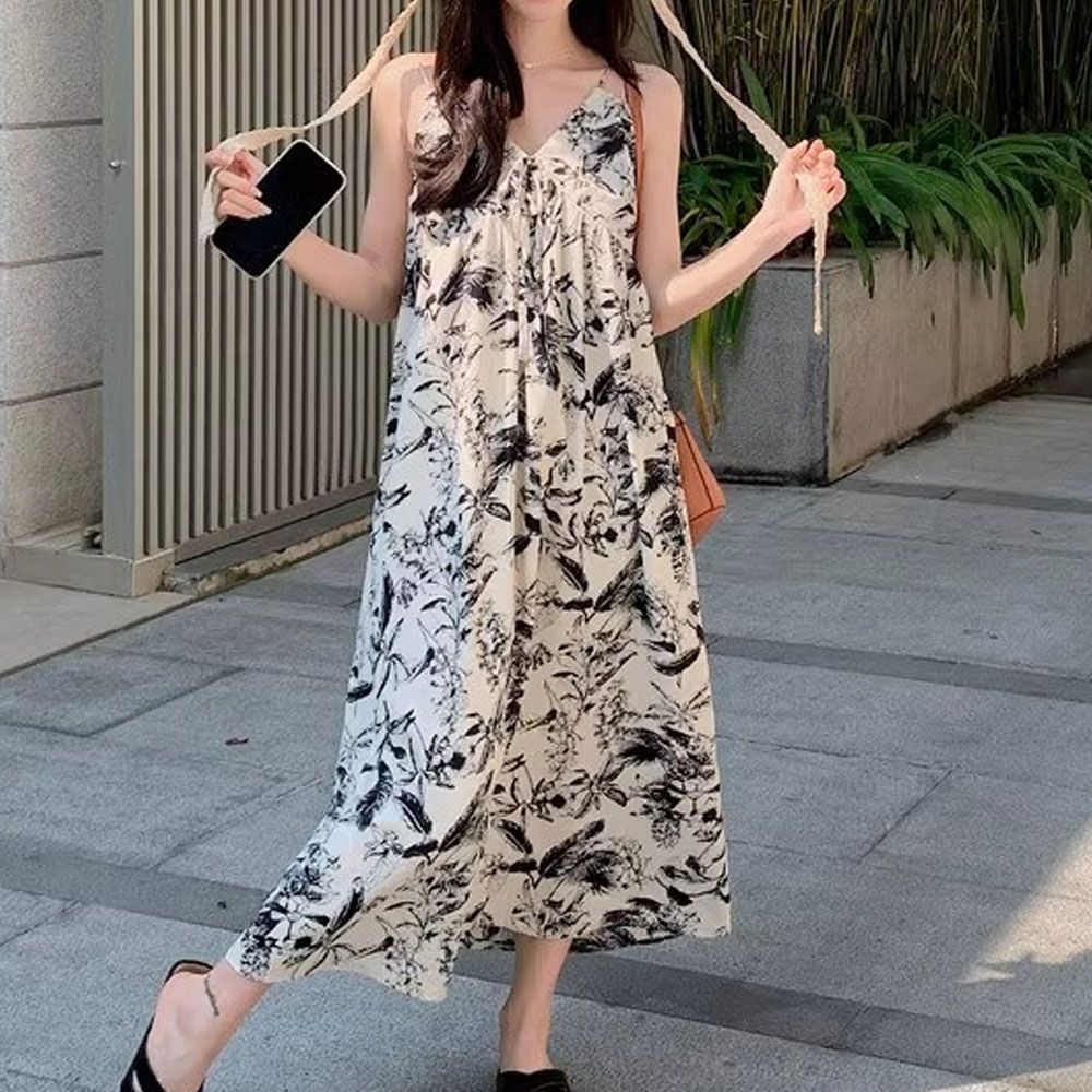 페미닌 플라워 리본 루즈핏 나시끈 롱원피스 여행룩
