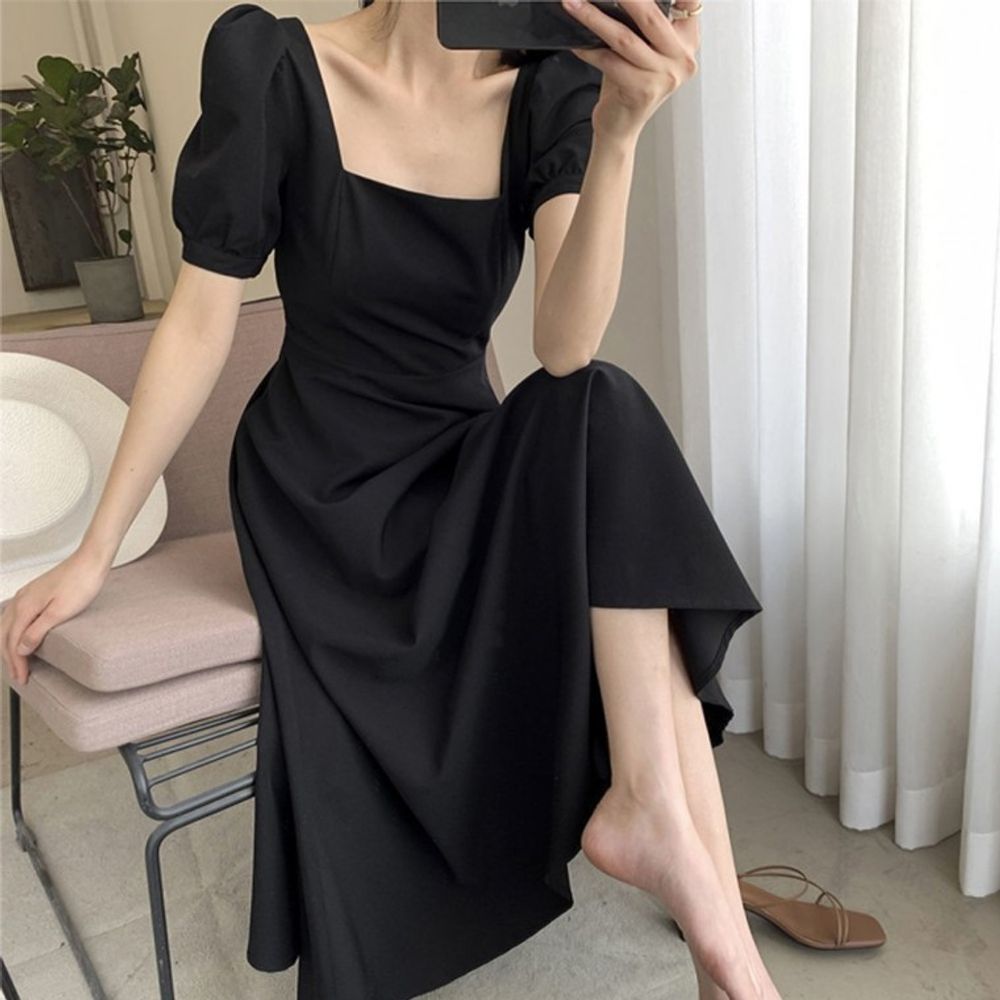 넥 A라인 블랙 여성 XL 벌룬 원피스 롱 반