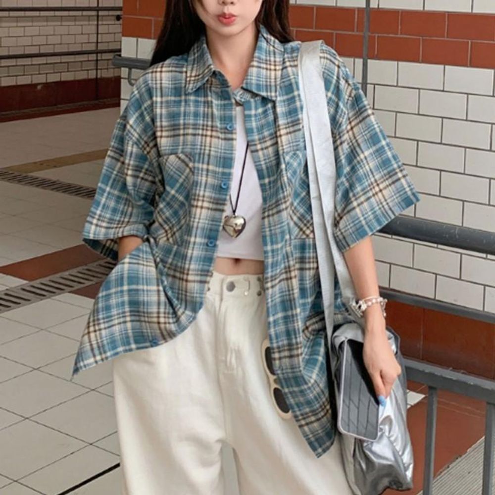 인기 셔츠 여성 체크 남방 오버핏 캐주얼룩 반팔 간절