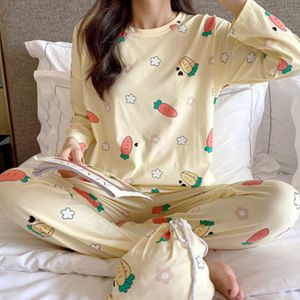 아이티알,NE 여자 당근 패턴 긴팔 사계절 라운드 잠옷세트 홈웨어