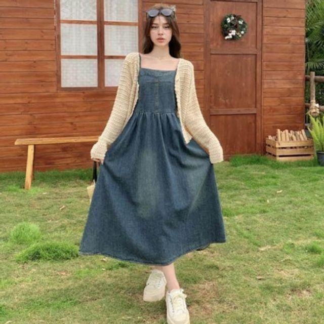 민소매 트렌디 나시 기본 원피스 데이 데님 롱
