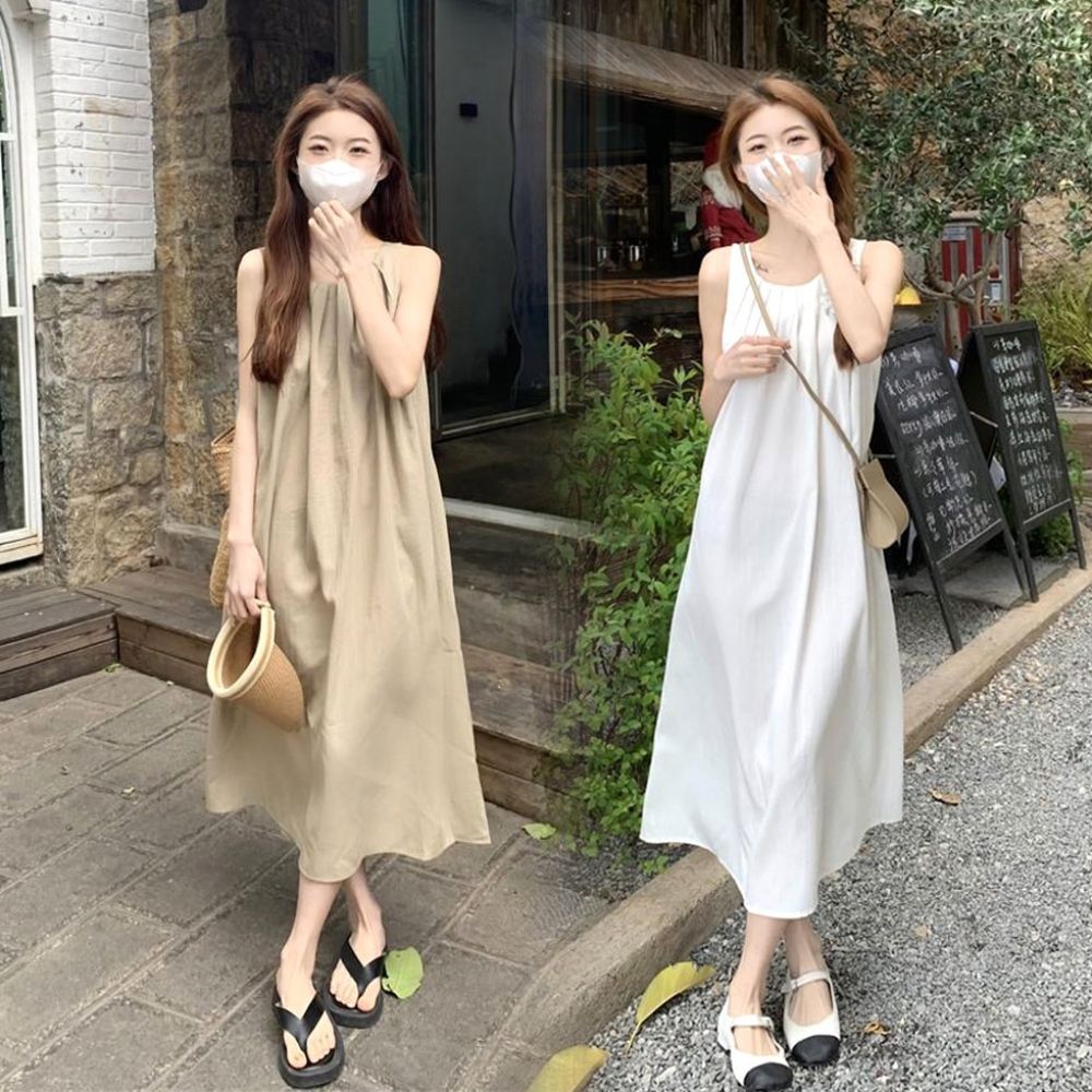 여성 여름 편한 시원한 예쁜 뒤트임 A라인 나시원피스