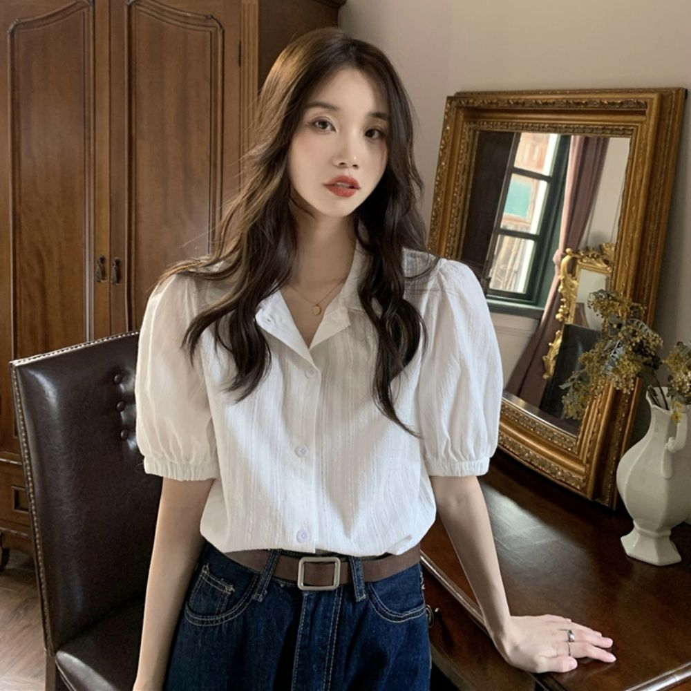 여성 여름 반팔 퍼프 카라 블라우스 화이트블라우스