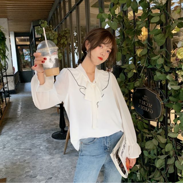 여성 프릴 리본 쉬폰 블라우스 루즈핏 셔츠 데일리룩