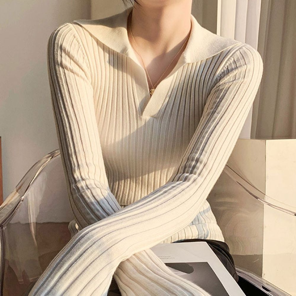 브이넥 긴팔 카라 골지 슬림핏 여자긴팔 티셔츠